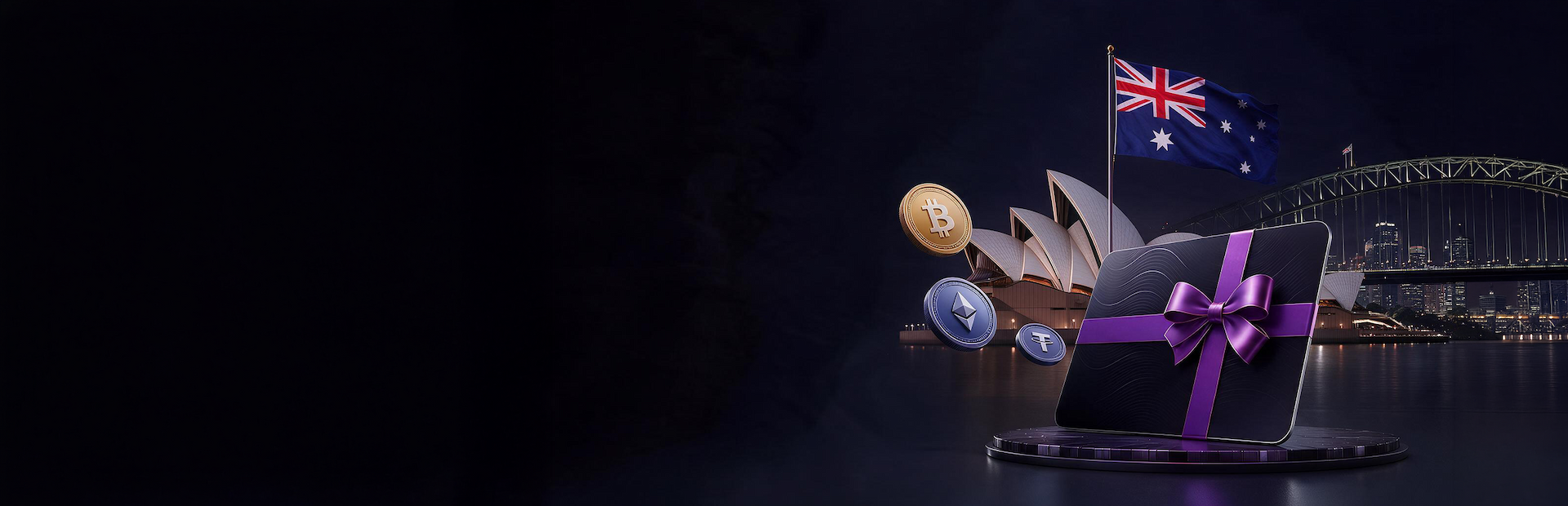 Australian gift card with cryptocurrency beside Sydney landmarks