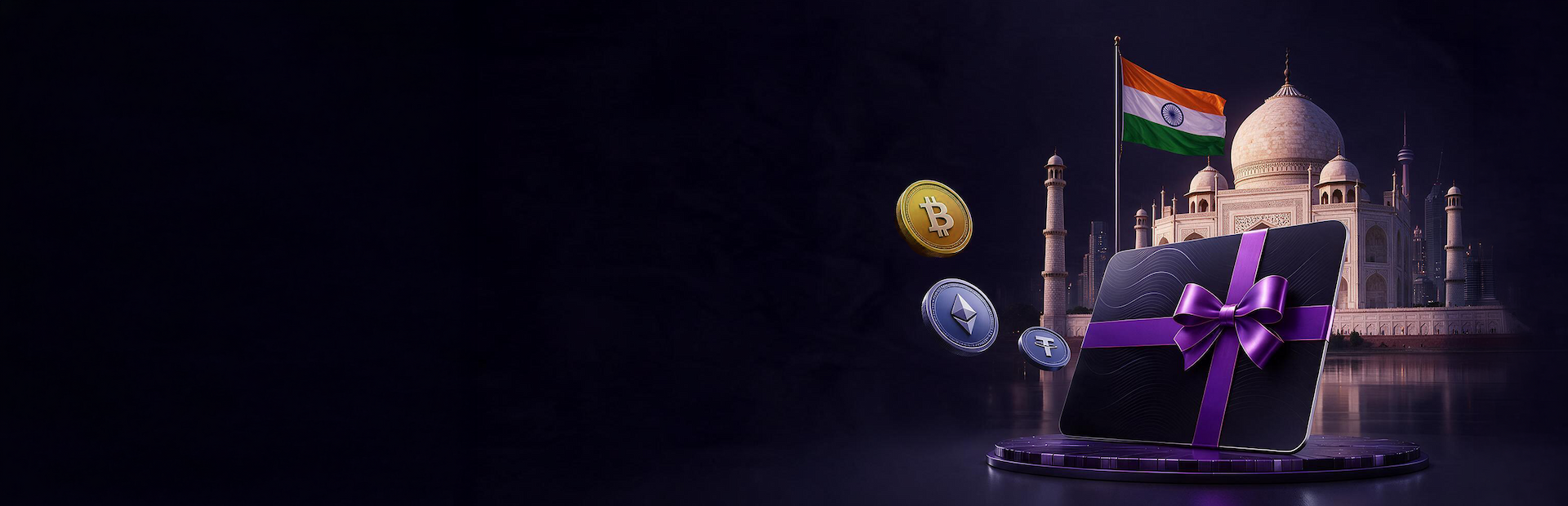 Indian gift card with cryptocurrency beside the Taj Mahal